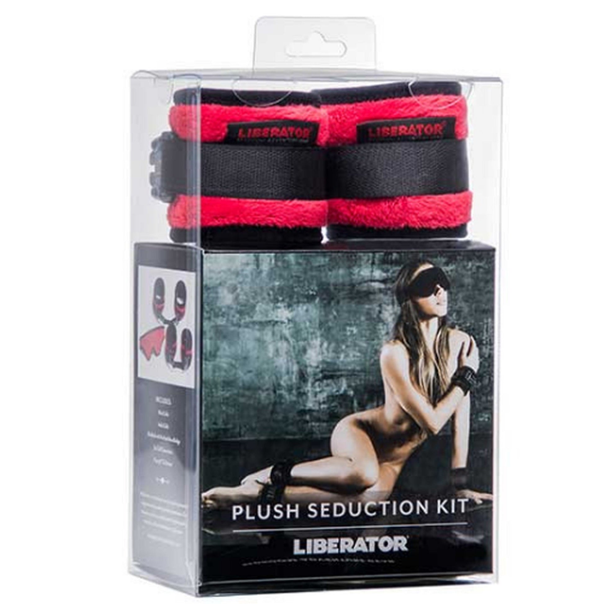 Red and black microfiber restraint cuffs with faux fur lining in a clear box.