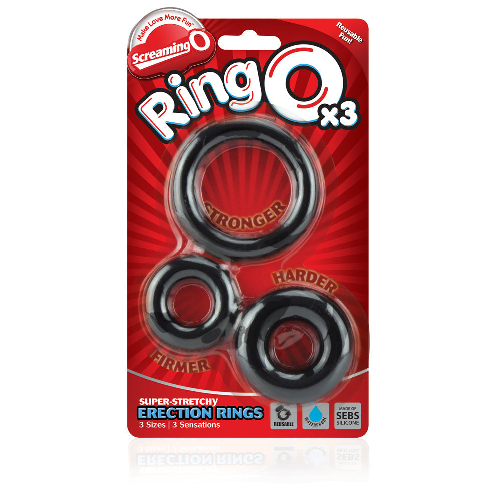 Black Screaming O Ring O 3-pack of stretchy cock rings.