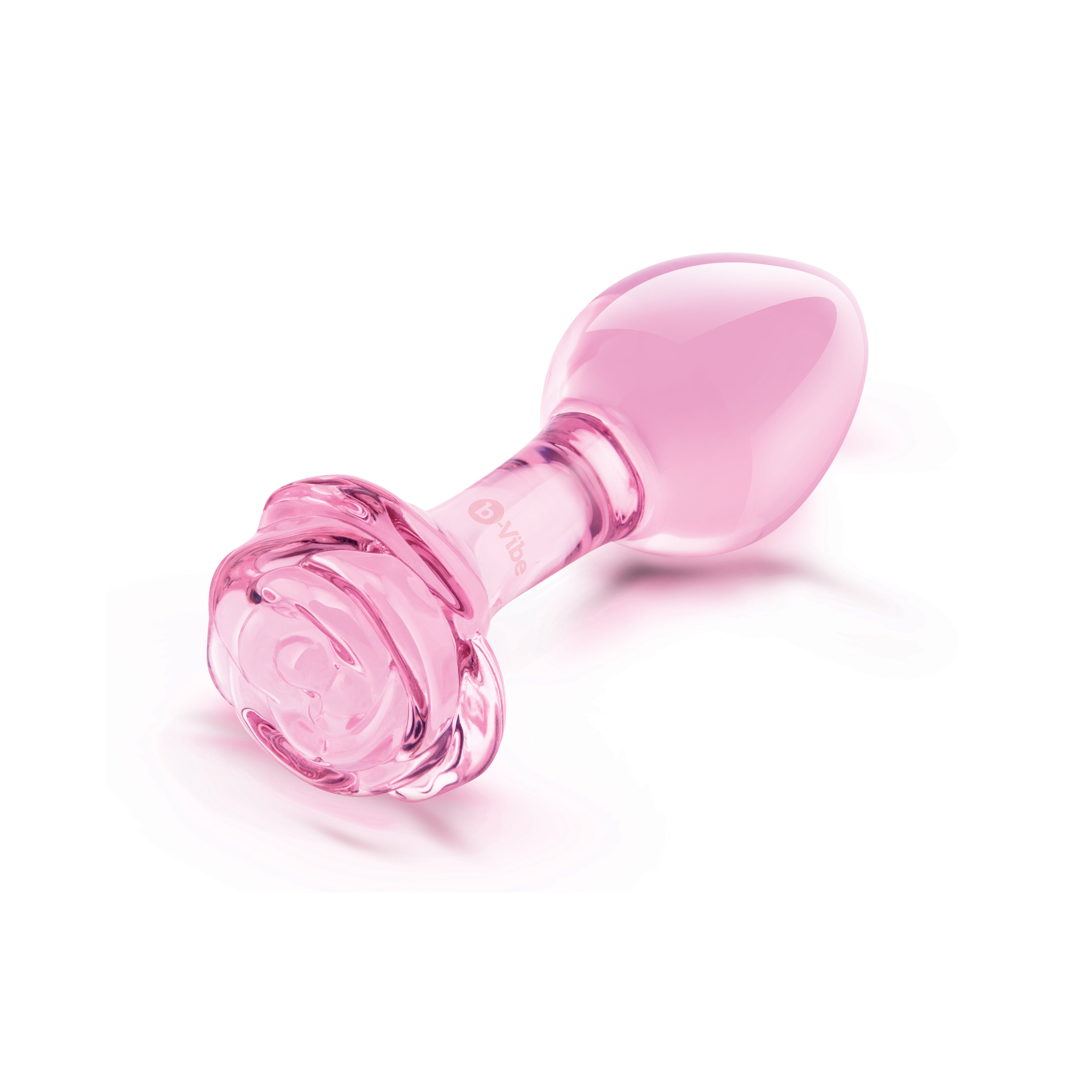 A pink glass anal plug with a rose-shaped base.