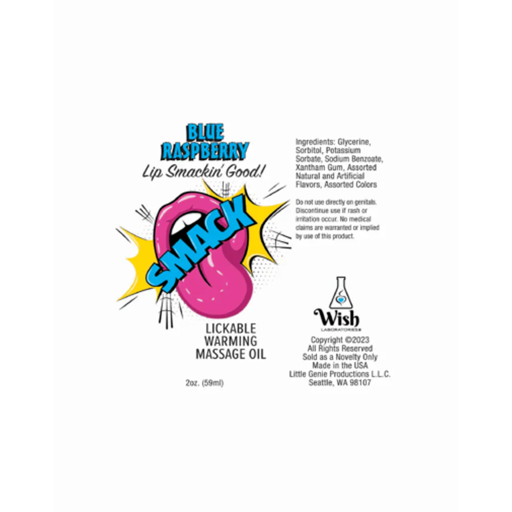 Blue Raspberry Warming & Lickable Massage Oil with a tongue graphic.