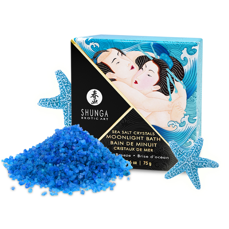 Shunga Ocean Temptations Dead Sea Bath Salts with blue crystals and starfish.