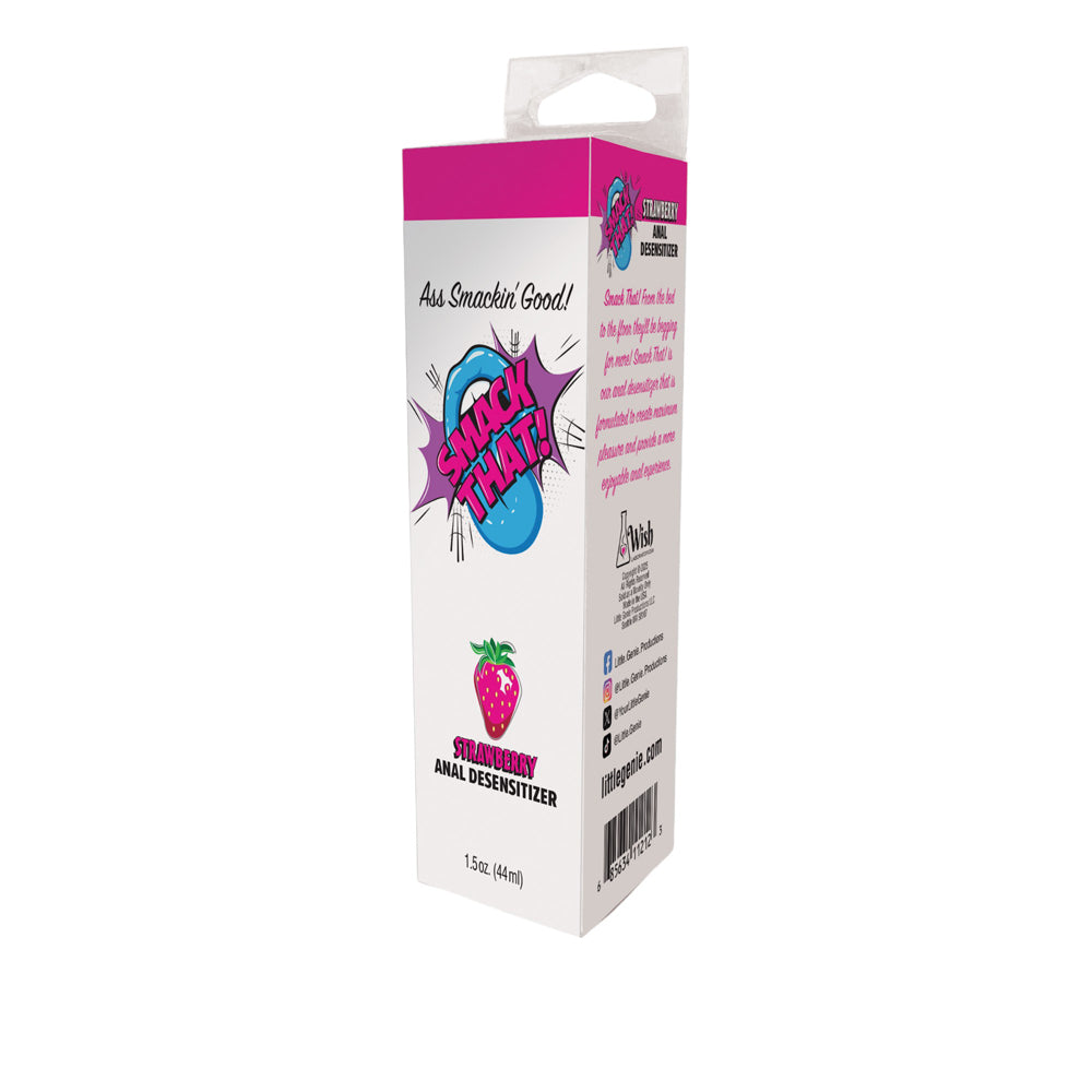 Strawberry anal desensitizer gel in a box with strawberry graphic.