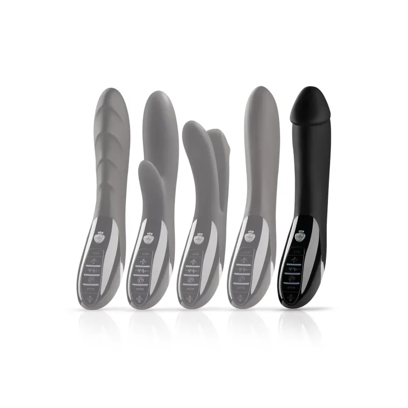 Black silicone e-stim vibrator with pelvic floor training features.