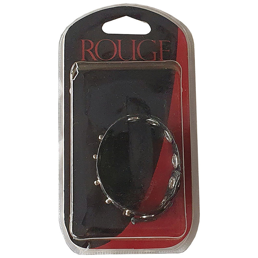 Black leather cock strap with silver snaps in packaging.