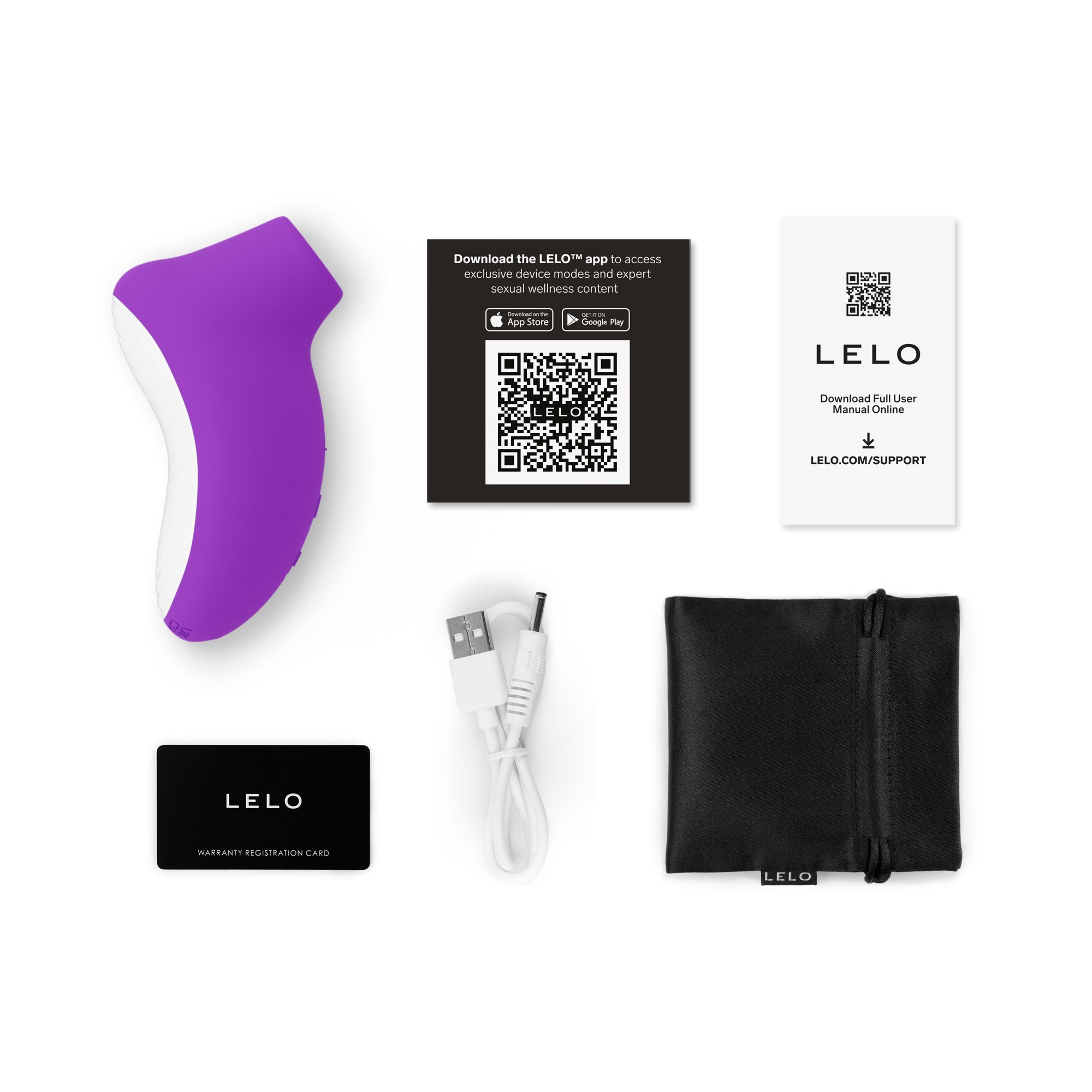 Purple and white LELO SONA clitoral massager with charging cable, warranty card, and storage pouch.