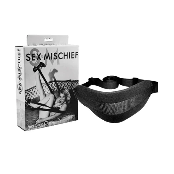 Adjustable black sex sling with straps next to its packaging.