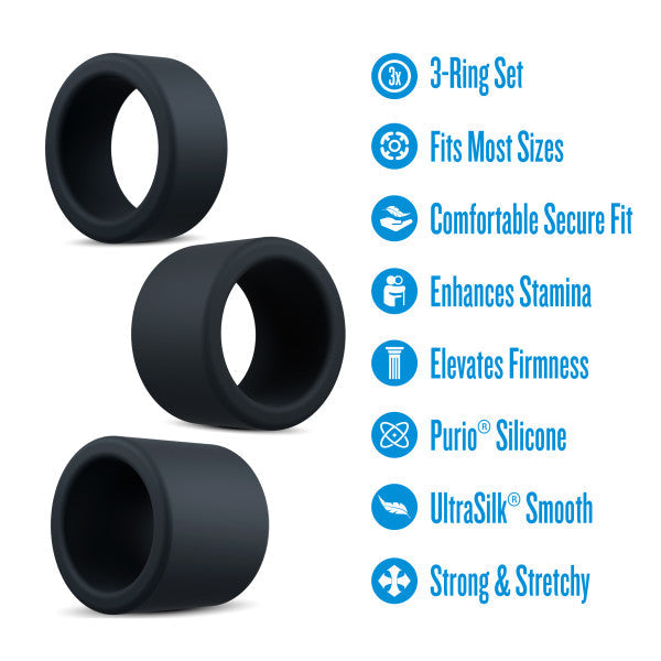 Three black silicone cock rings with text describing their features.