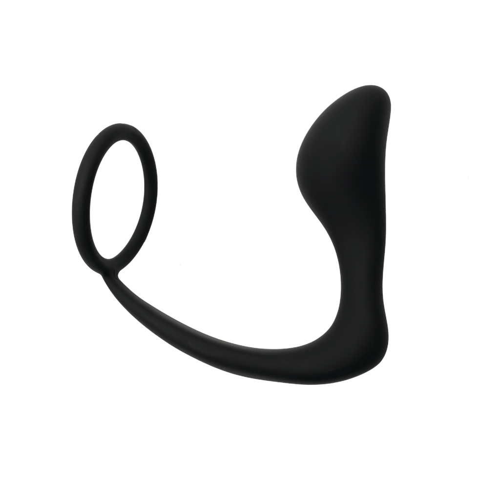 Black silicone prostate stimulator with an attached cock ring.