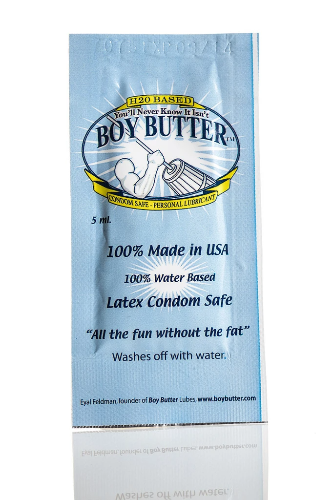 Single-use packet of Boy Butter H2O water-based cream lubricant.
