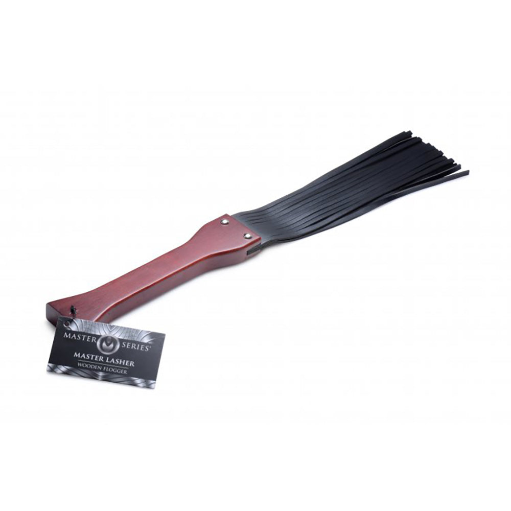 Master Lasher PU leather flogger with ergonomic wood handle.