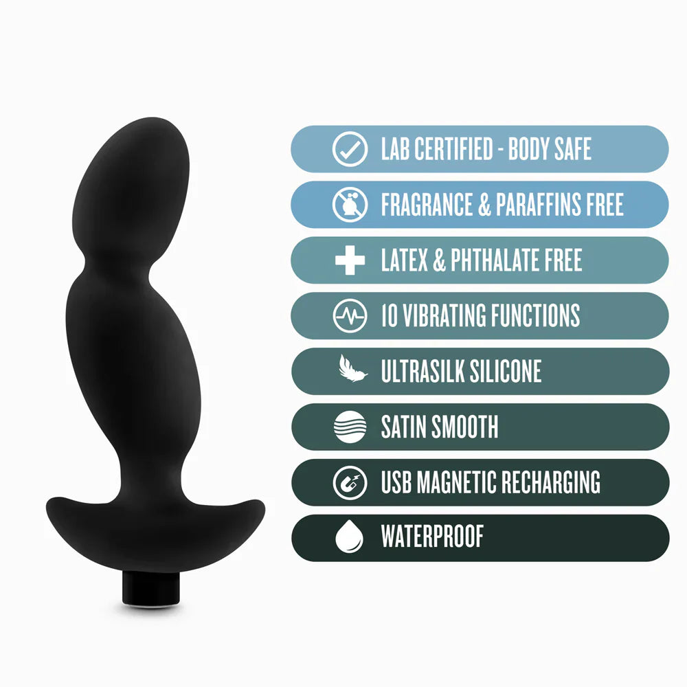 Black silicone prostate massager with 10 vibration functions.