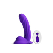 Purple curved vibrating dildo with white wireless remote.
