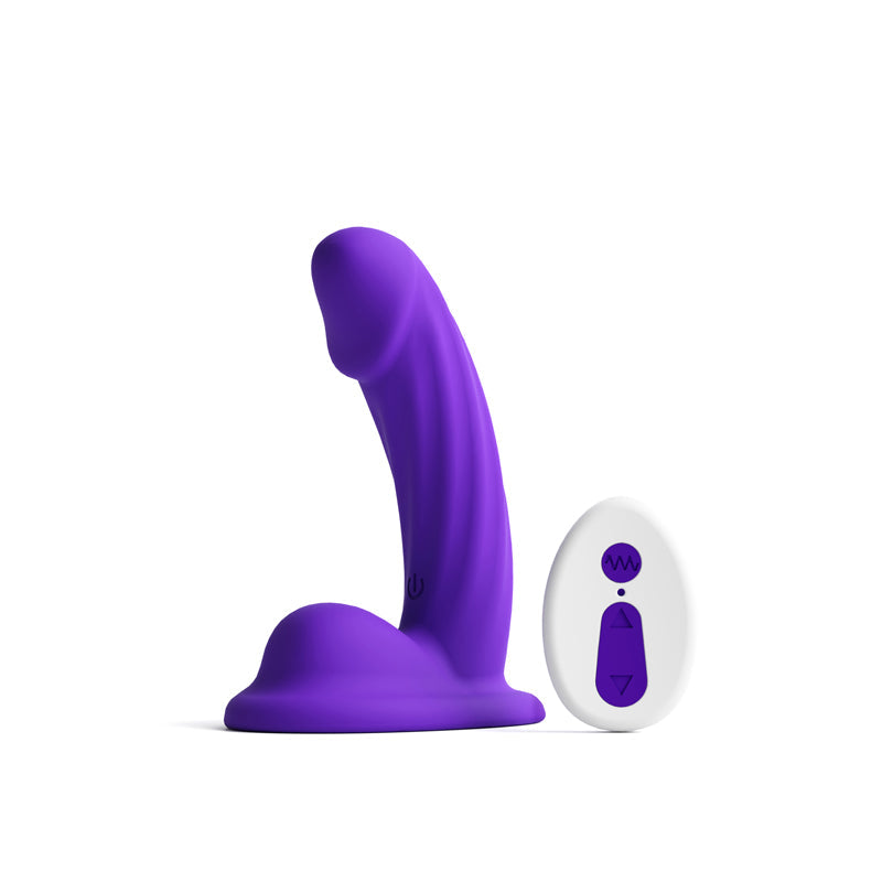 Purple curved vibrating dildo with white wireless remote.