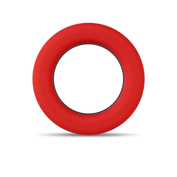 Red silicone cock ring with a black inner edge.