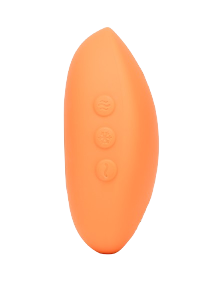 Orange lay-on vibrator with heating, cooling, and vibration controls.