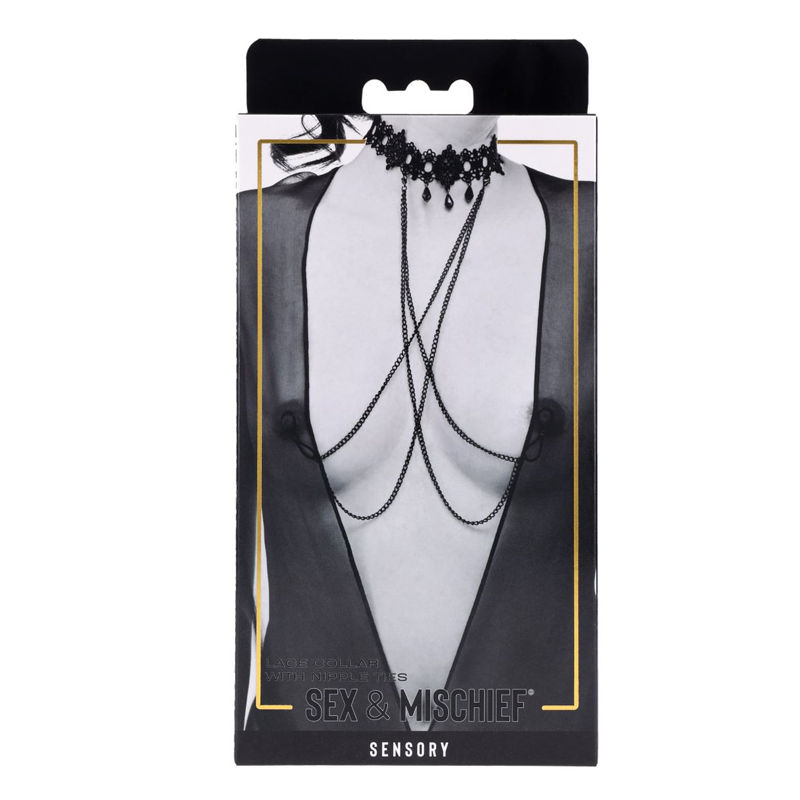 Black lace collar with chains and nipple ties on a mannequin.