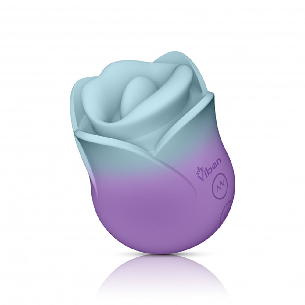 A rose-shaped clitoral stimulator in blue and purple with the Viben logo.