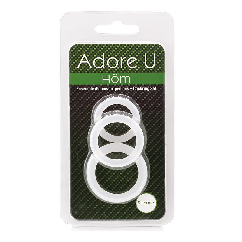 Three white silicone cock rings of varying sizes in packaging.