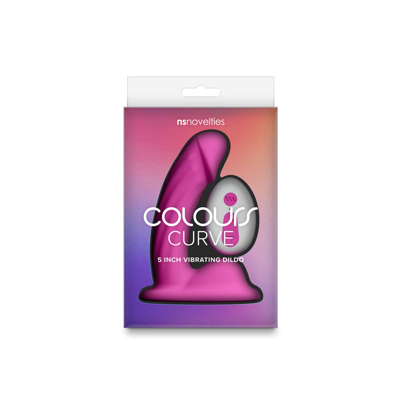 A pink curved vibrating dildo with "COLOURS CURVE" and "5 INCH VIBRATING DILDO" text.