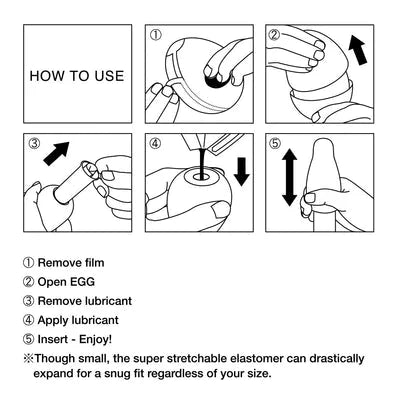Egg Cloudy Textured Male Masturbator with soft TPE sleeve and usage instructions.