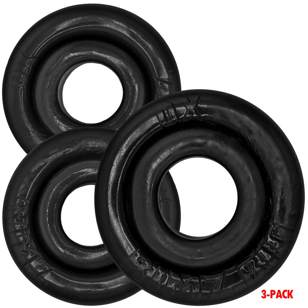 Three black OXBALLS Rimringz cock rings in multiple sizes.