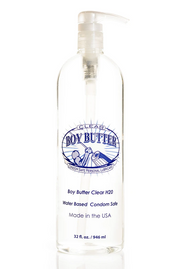 A clear pump bottle of Boy Butter Clear H2O water-based personal lubricant.