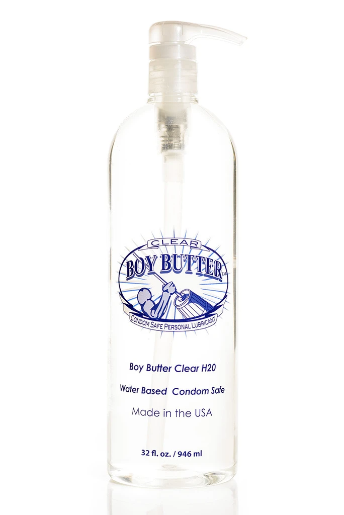 A clear pump bottle of Boy Butter Clear H2O water-based personal lubricant.