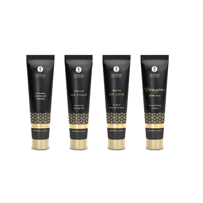 Four Shunga tubes with black and gold packaging, each featuring a different product name.
