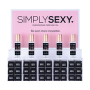 Acrylic display of Simply Sexy pheromone perfume oil roll-ons.