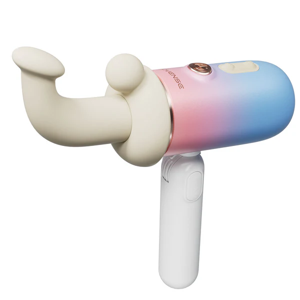 Lovense Spinel G-spot vibrator with a pink and blue gradient and a curved beige attachment.