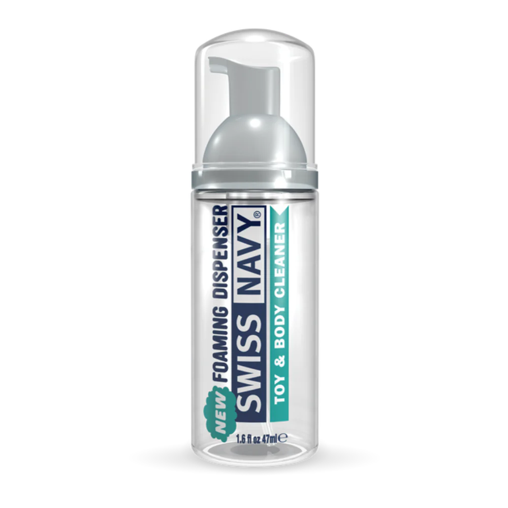 Swiss Navy foaming toy and body cleaner in a clear bottle with a pump dispenser.
