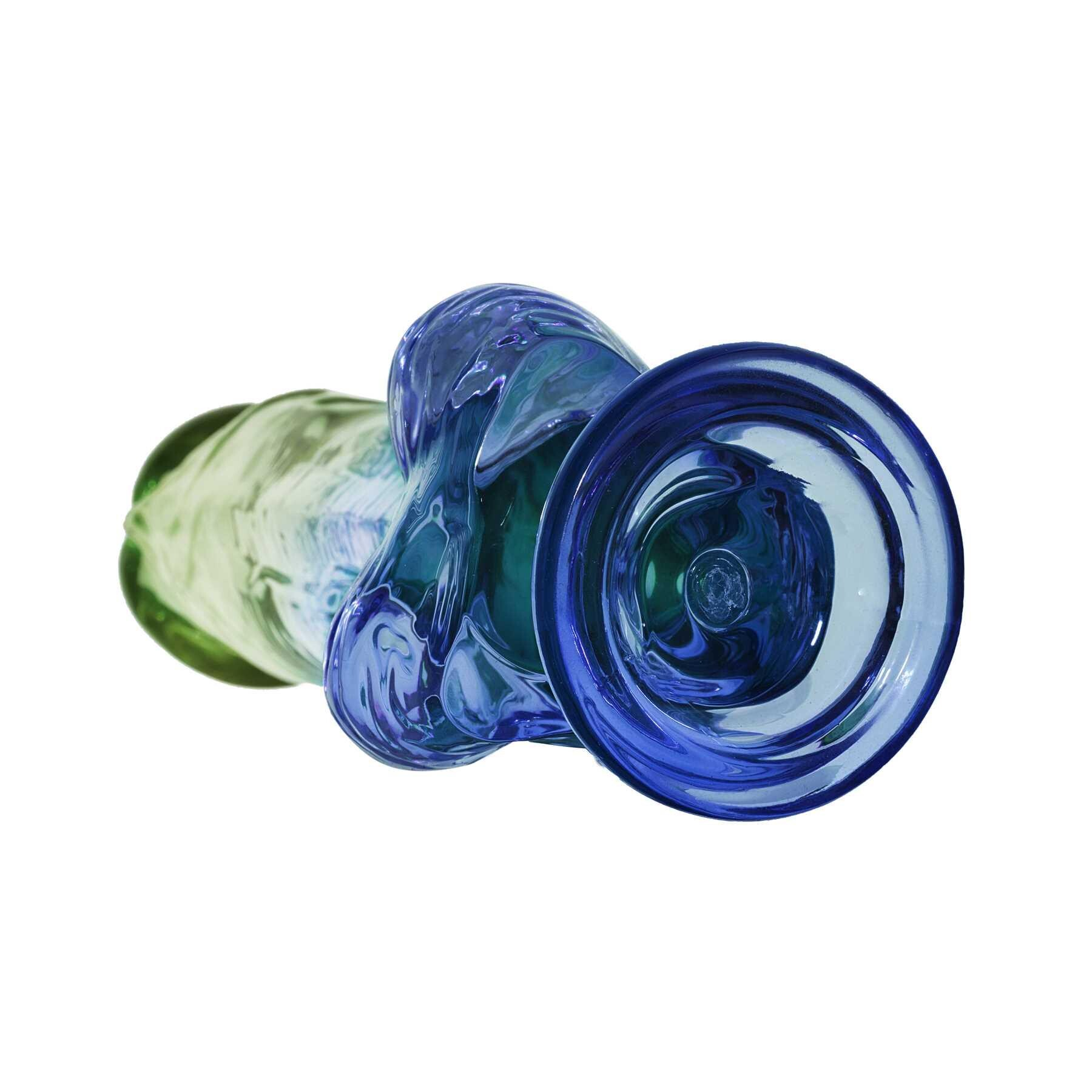 Realistic suction cup dildo in blue and green glass.