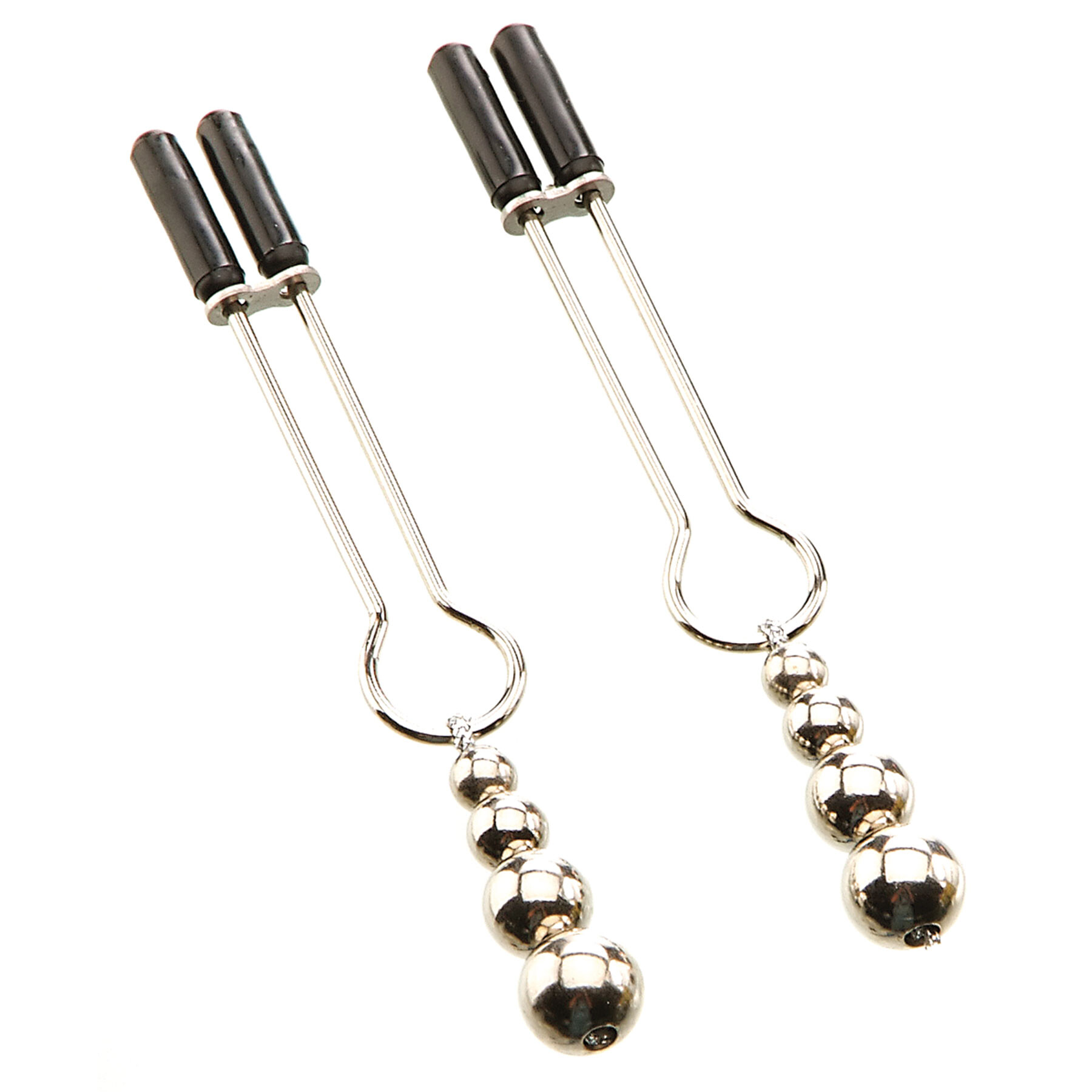 Adjustable weighted nipple clamps with rubber tips and silver beads.