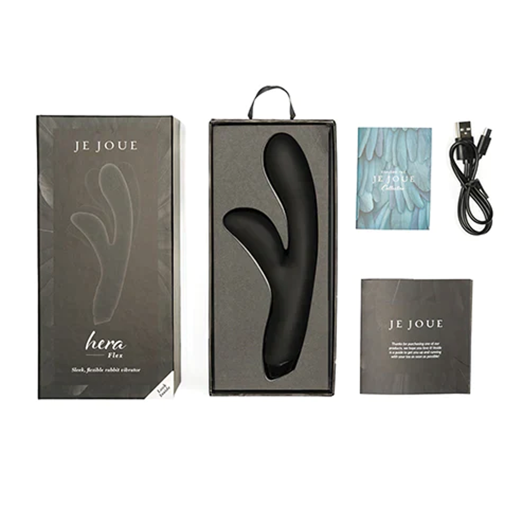 Black Je Joue Hera Flex vibrator in packaging with accessories.
