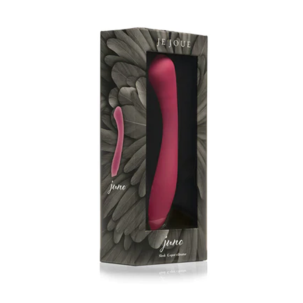 Fuchsia Juno G-spot and clitoral vibrator in its packaging.
