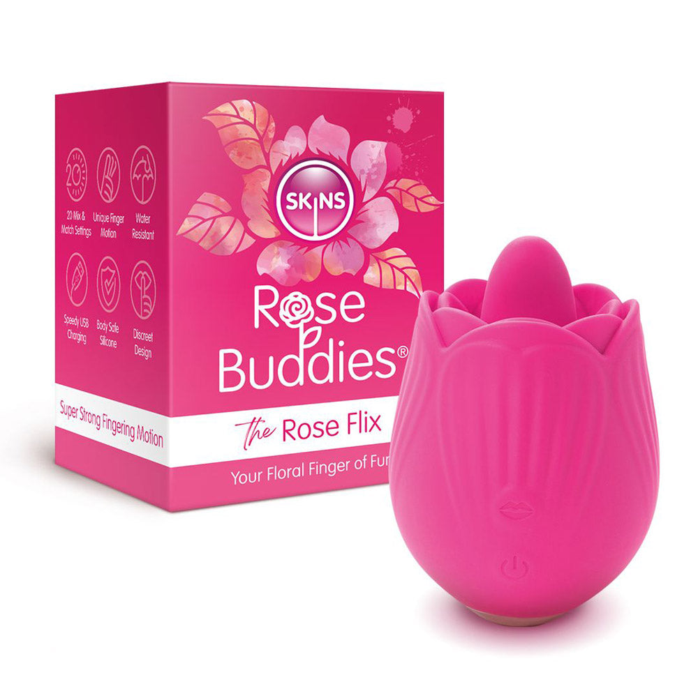 Rose Flix silicone mini vibrator in pink, shaped like a rosebud.