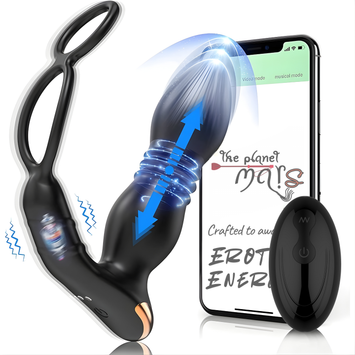 Black app-controlled thrusting prostate vibrator with remote and phone interface.