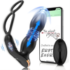Black app-controlled thrusting prostate vibrator with remote and phone interface.