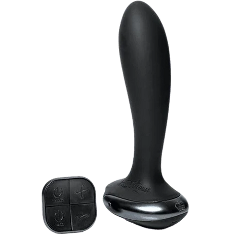 Black remote-controlled prostate vibrator with a flexible base.
