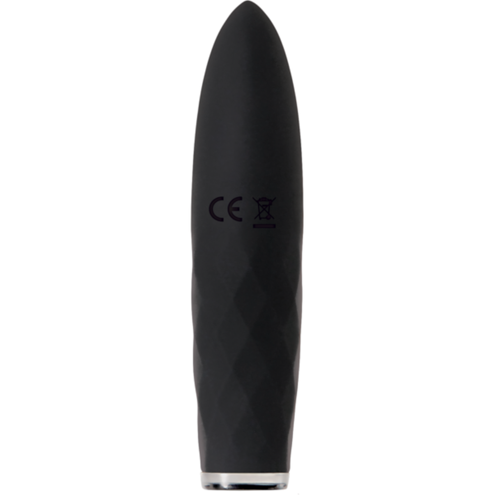 Black rechargeable flat tip bullet vibrator with CE marking.