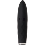 Black rechargeable flat tip bullet vibrator with CE marking.