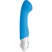 A blue and white G-spot vibrator with a flat head and two buttons.