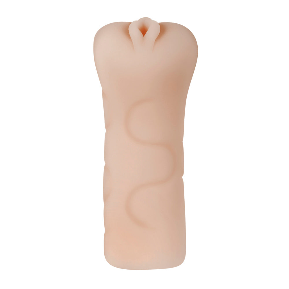 A flesh-toned textured stroker with a split opening at the top.