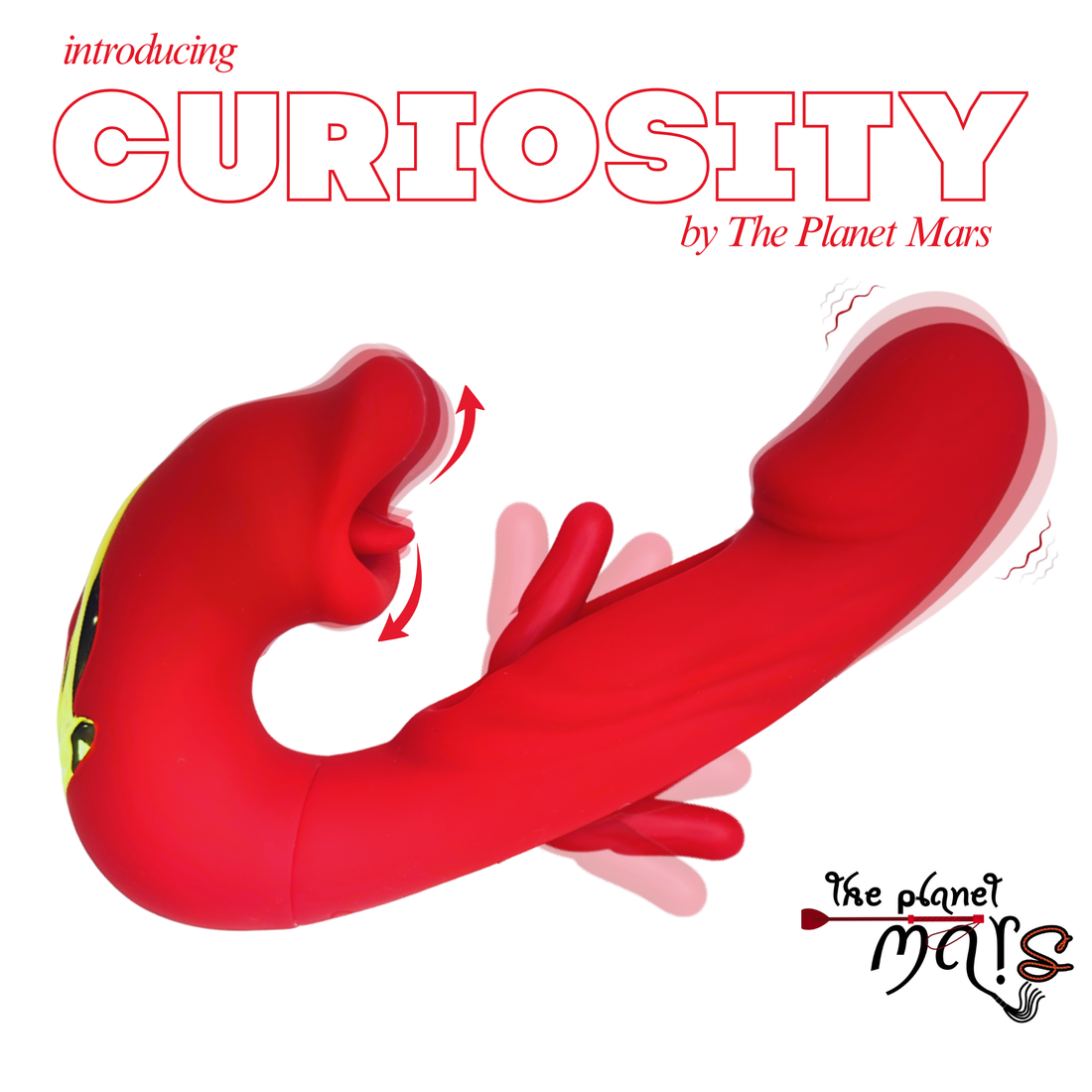 Red triple-action silicone vibrator with anal arm and text.