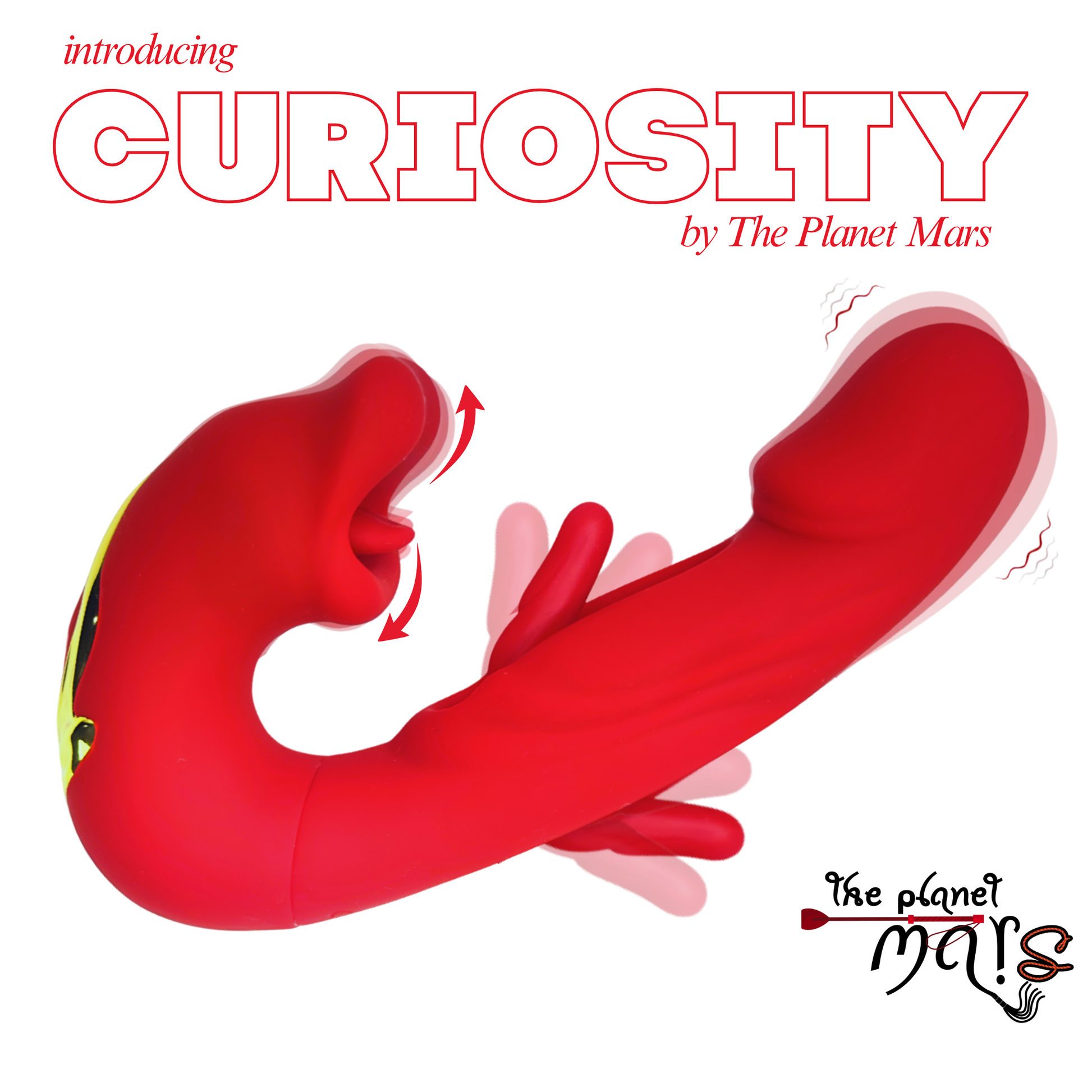 Red triple-action silicone vibrator with anal arm and text.