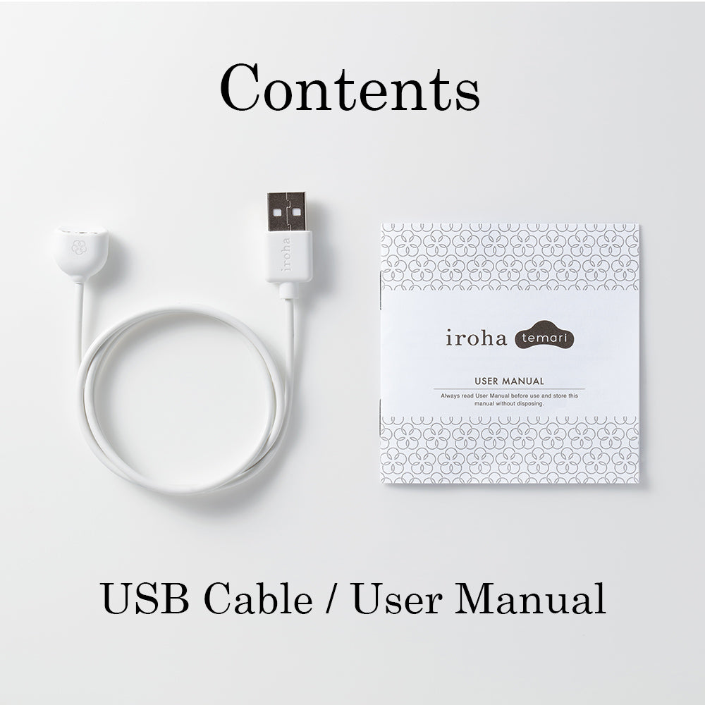 White USB cable and user manual for the Iroha Mizu Temari massager.