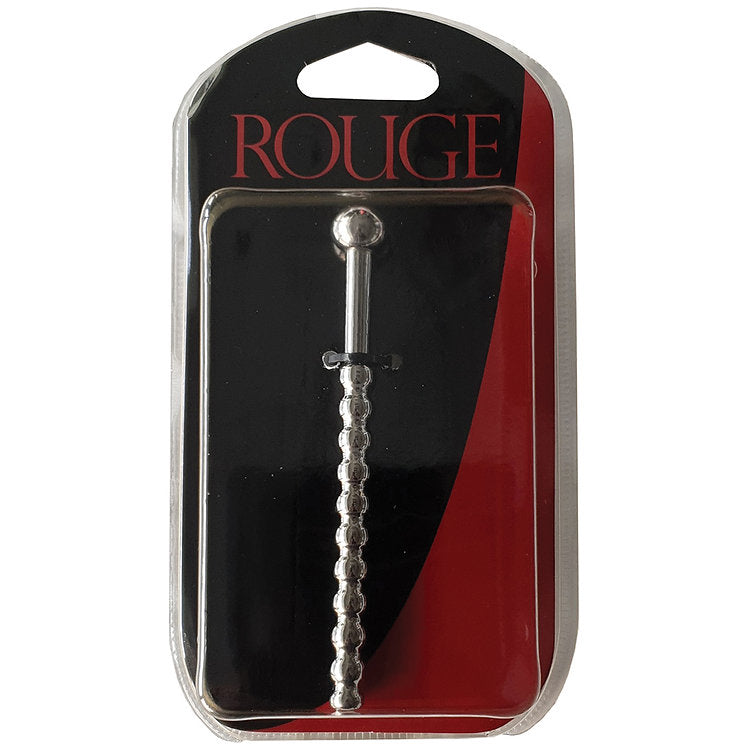 Hollow beaded stainless steel urethral sound with stopper in packaging.