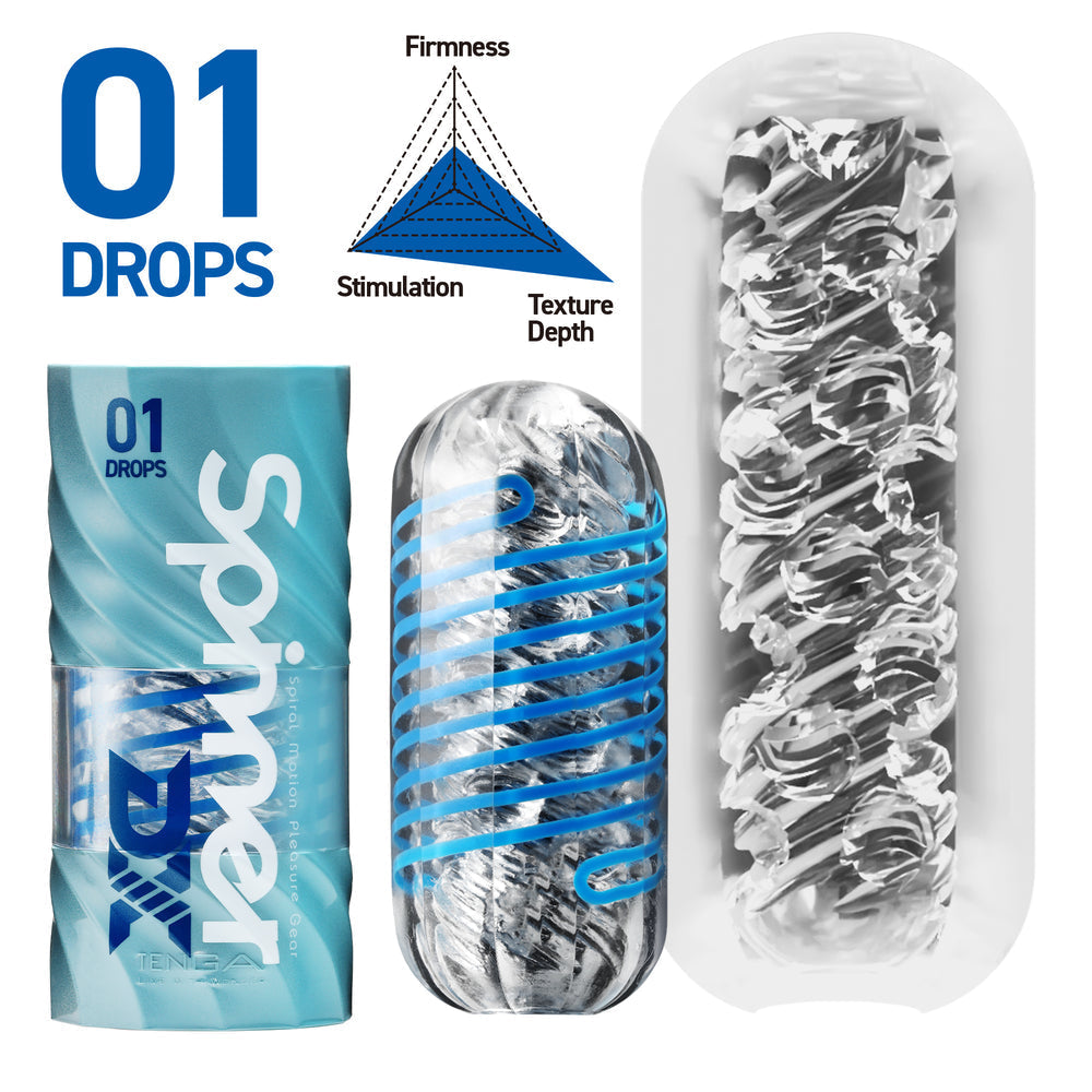Tenga Spinner DX 01 Drops reusable stroker with internal spiral parts and drying stand.