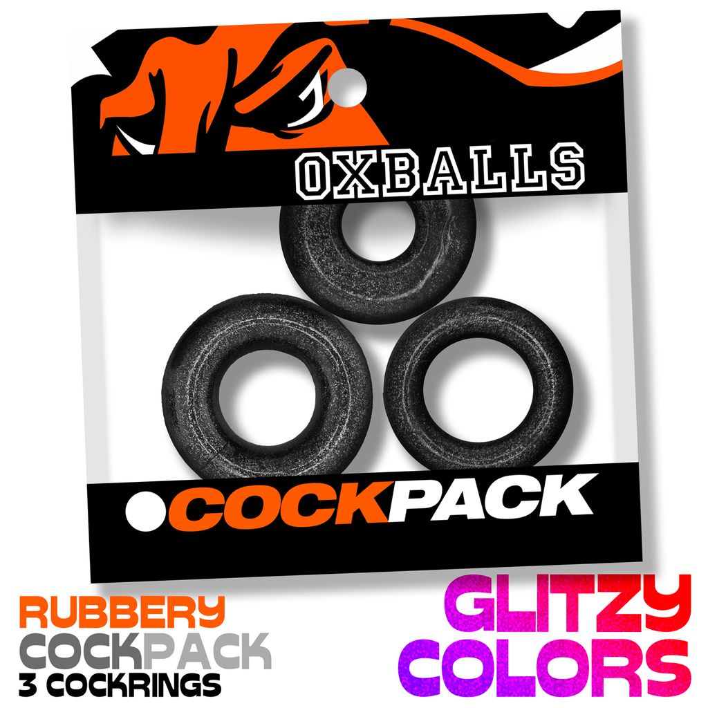 Three black OXBALLS cock rings in a package.