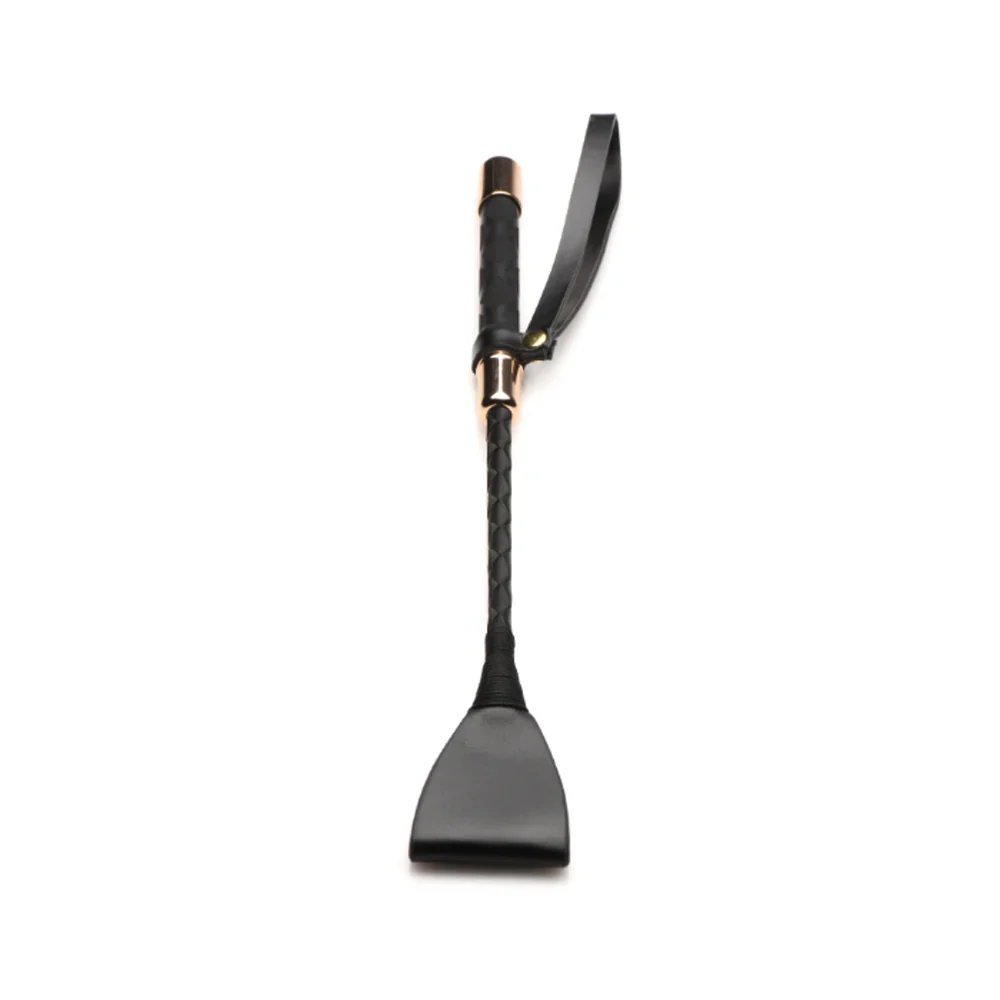 Black vegan leather riding crop with a textured grip and triangular tip.